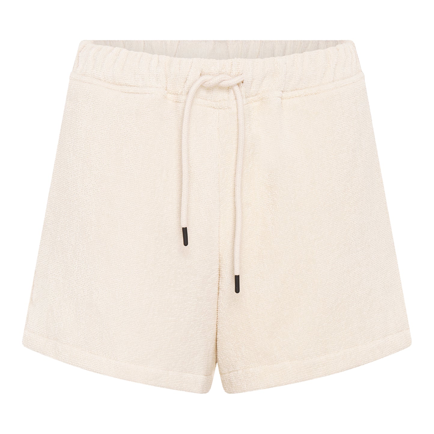 Front view of women’s off-white organic cotton terry relaxed fit shorts by Little Mariner with drawstring waist and elastic band.