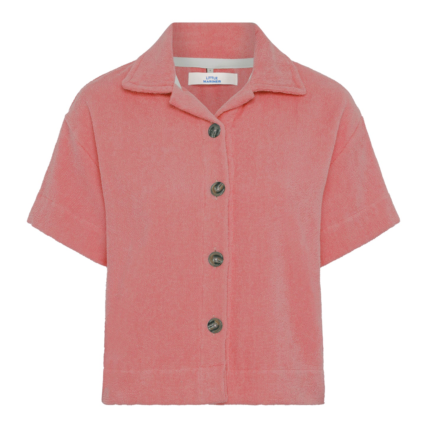 Dusty rose relaxed fit organic cotton terry short-sleeve shirt by Little Mariner with button-up front.
