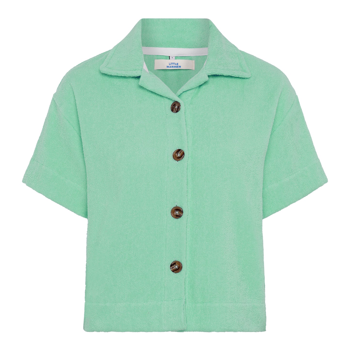 Sage green relaxed fit organic cotton terry short-sleeve shirt by Little Mariner with button-up front.