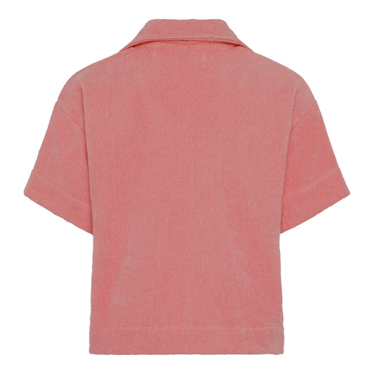 Dusty rose relaxed fit organic cotton terry short-sleeve shirt by Little Mariner with button-up front.
