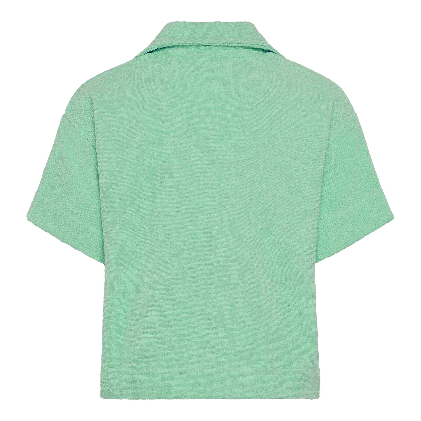 Sage green relaxed fit organic cotton terry short-sleeve shirt by Little Mariner with button-up front.