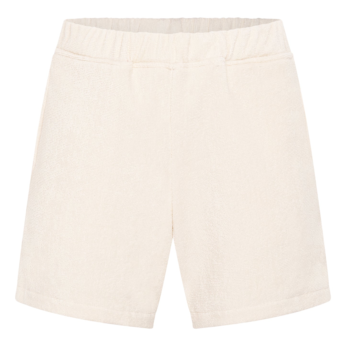 Off-white organic cotton terry relaxed fit shorts by Little Mariner with elastic waistband.