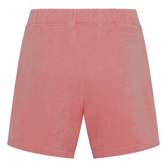 Dusty rose organic cotton terry relaxed fit shorts by Little Mariner with elastic waistband.