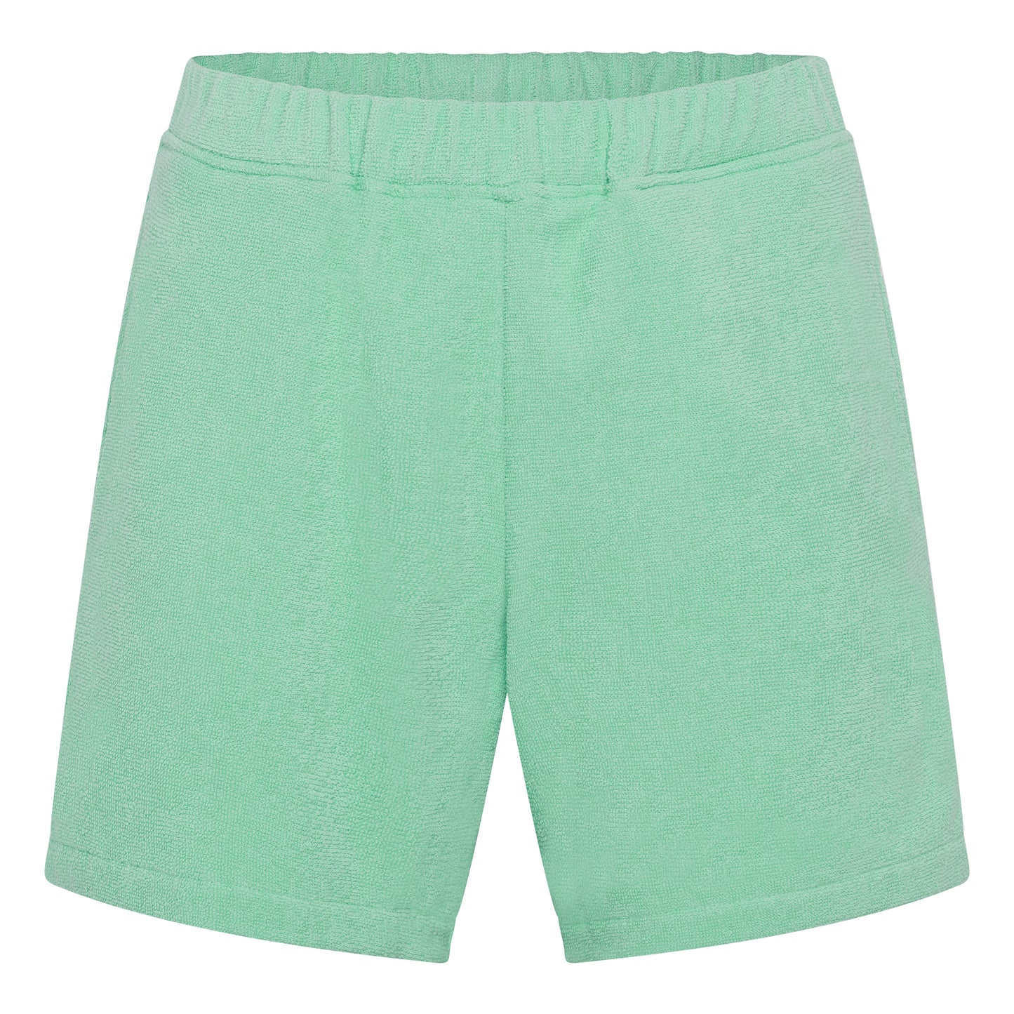 Sage green organic cotton terry relaxed fit shorts by Little Mariner with elastic waistband.