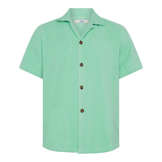 Sage green relaxed fit organic cotton terry short-sleeve shirt by Little Mariner with button-up front.