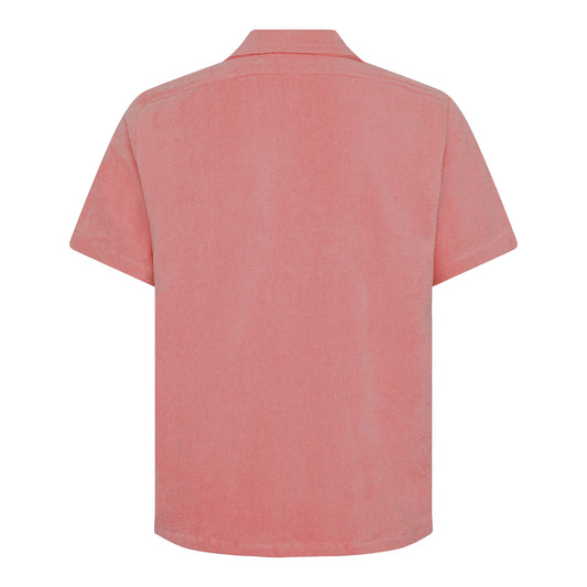 Dusty rose relaxed fit organic cotton terry short-sleeve shirt by Little Mariner with button-up front.