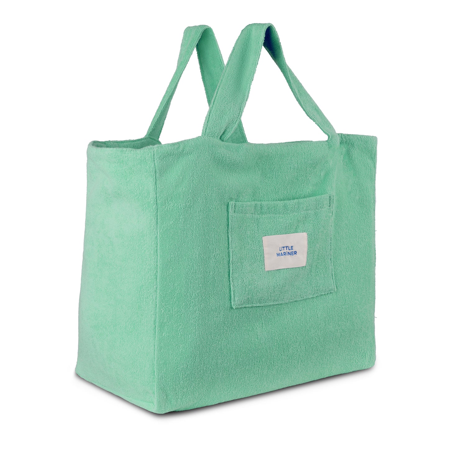 #Sage Green reversible organic cotton terry beach bag by Little Mariner with front patch pocket and branded label.