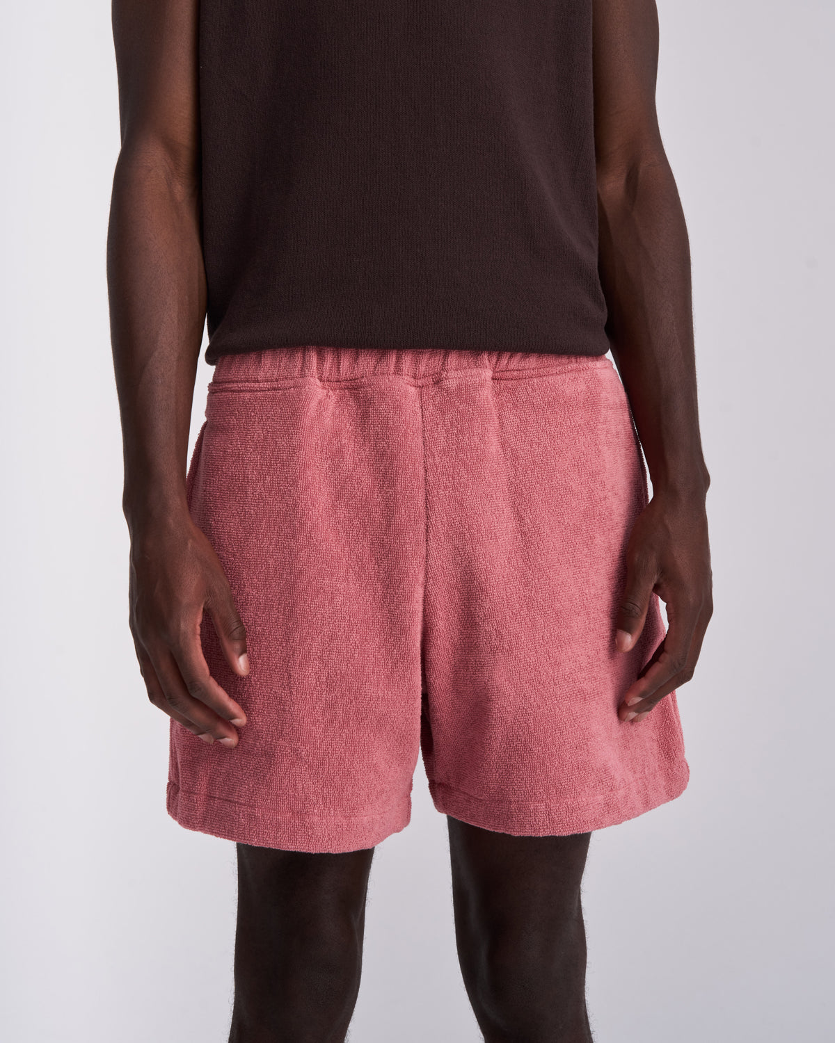 Dusty Rose men's organic cotton terry shorts with elasticated waistband and side pockets