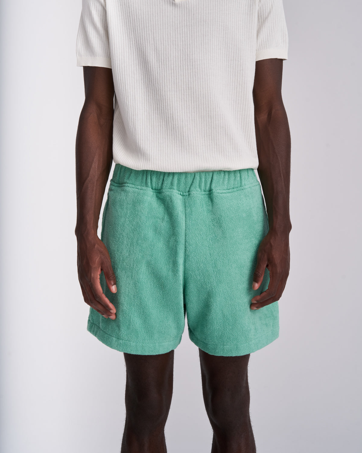 Sage Green men's organic cotton terry shorts with elasticated waistband and side pockets