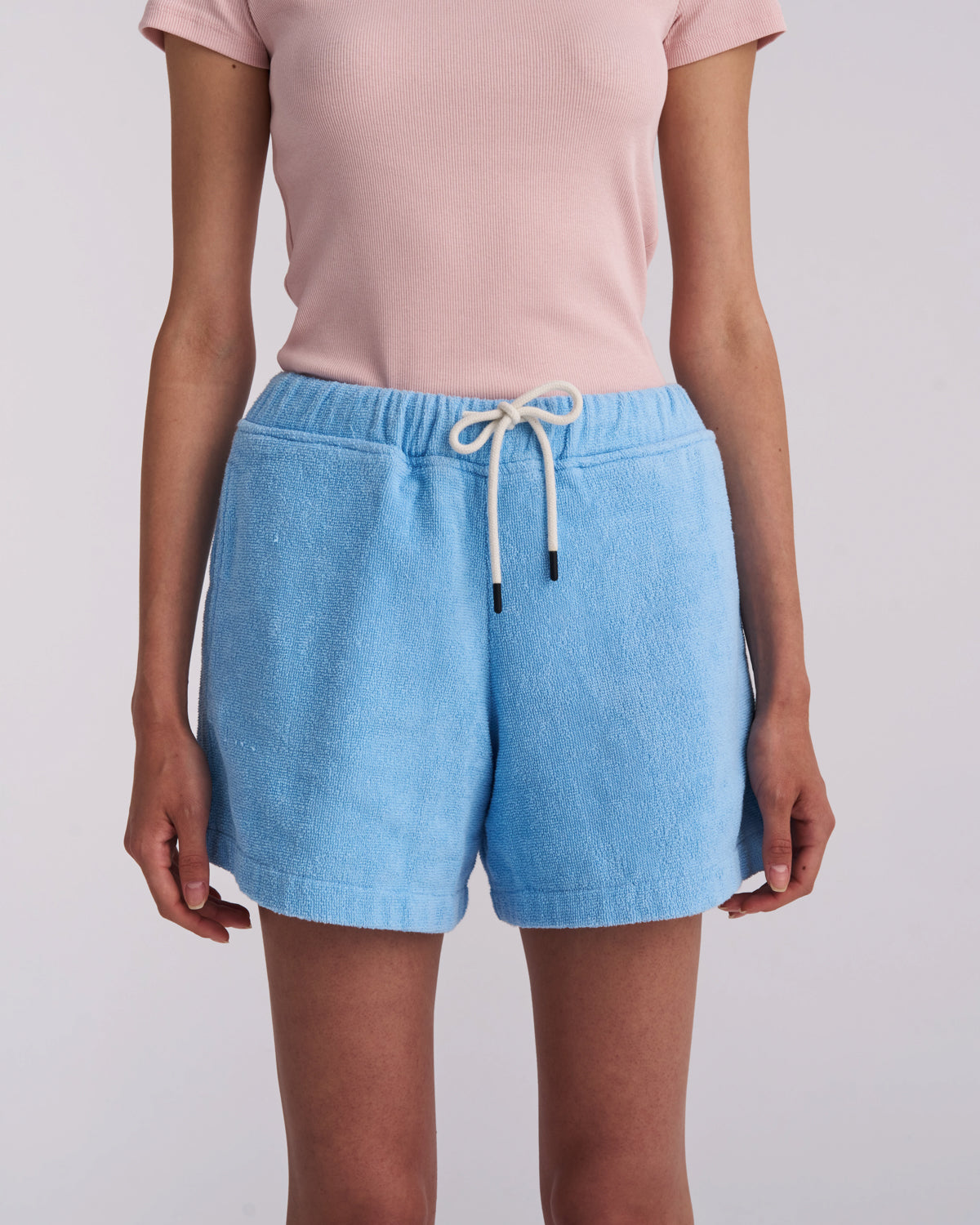 Coastal Blue women's organic cotton terry shorts with drawstring waist, front view