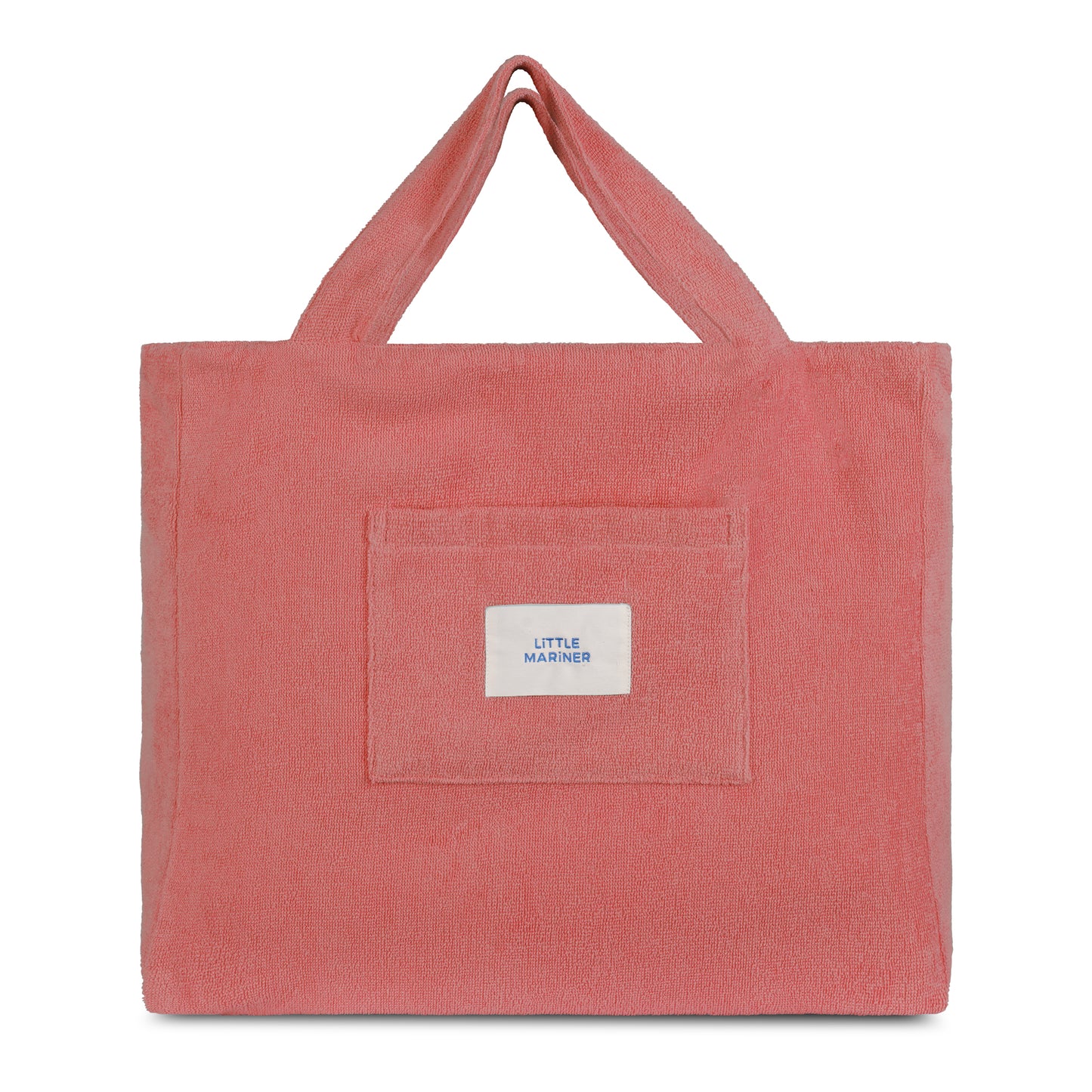 Dusty rose reversible organic cotton terry beach bag by Little Mariner with front patch pocket and branded label.