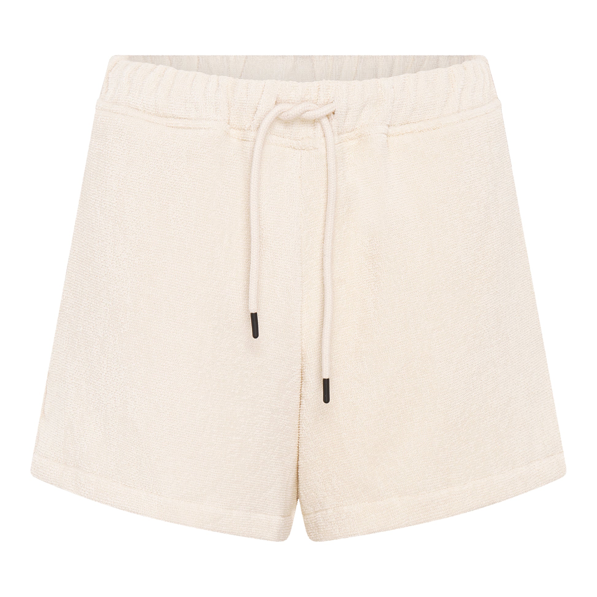 Front view of women’s off-white organic cotton terry relaxed fit shorts by Little Mariner with drawstring waist and elastic band.
