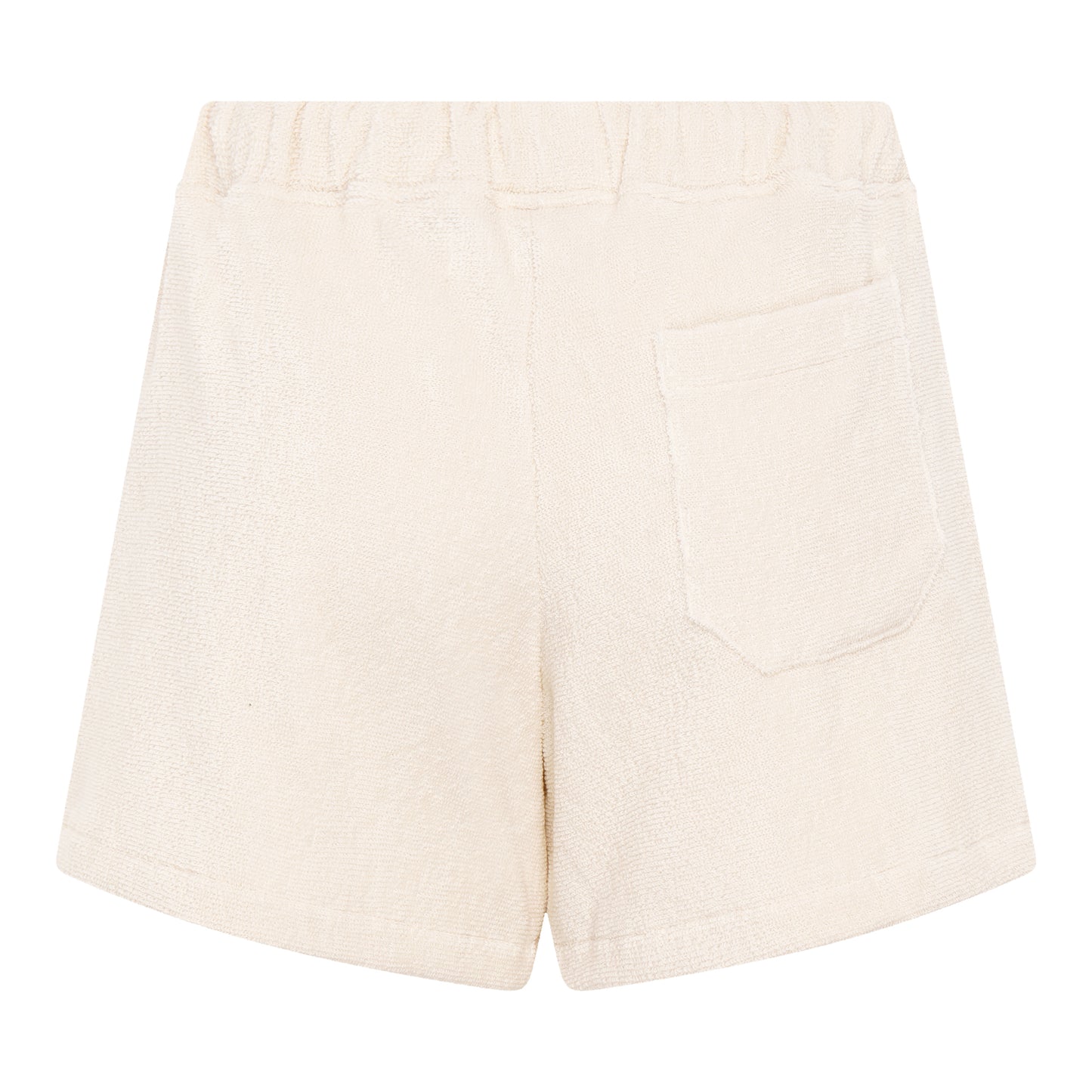 Back view of women’s off-white organic cotton terry relaxed fit shorts by Little Mariner with elastic waistband and patch pocket.