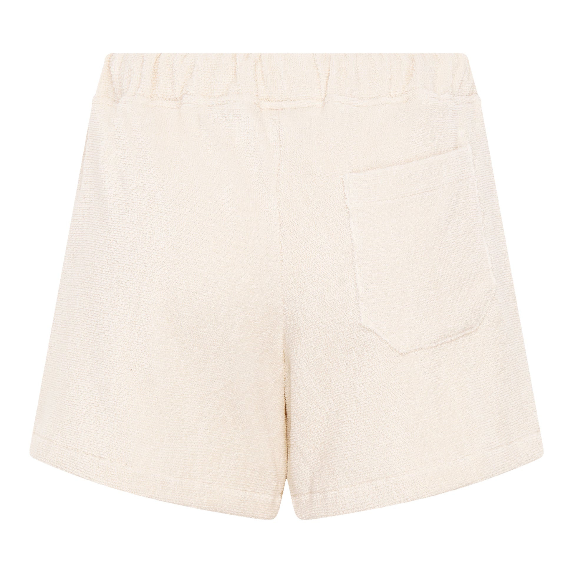 Back view of women’s off-white organic cotton terry relaxed fit shorts by Little Mariner with elastic waistband and patch pocket.