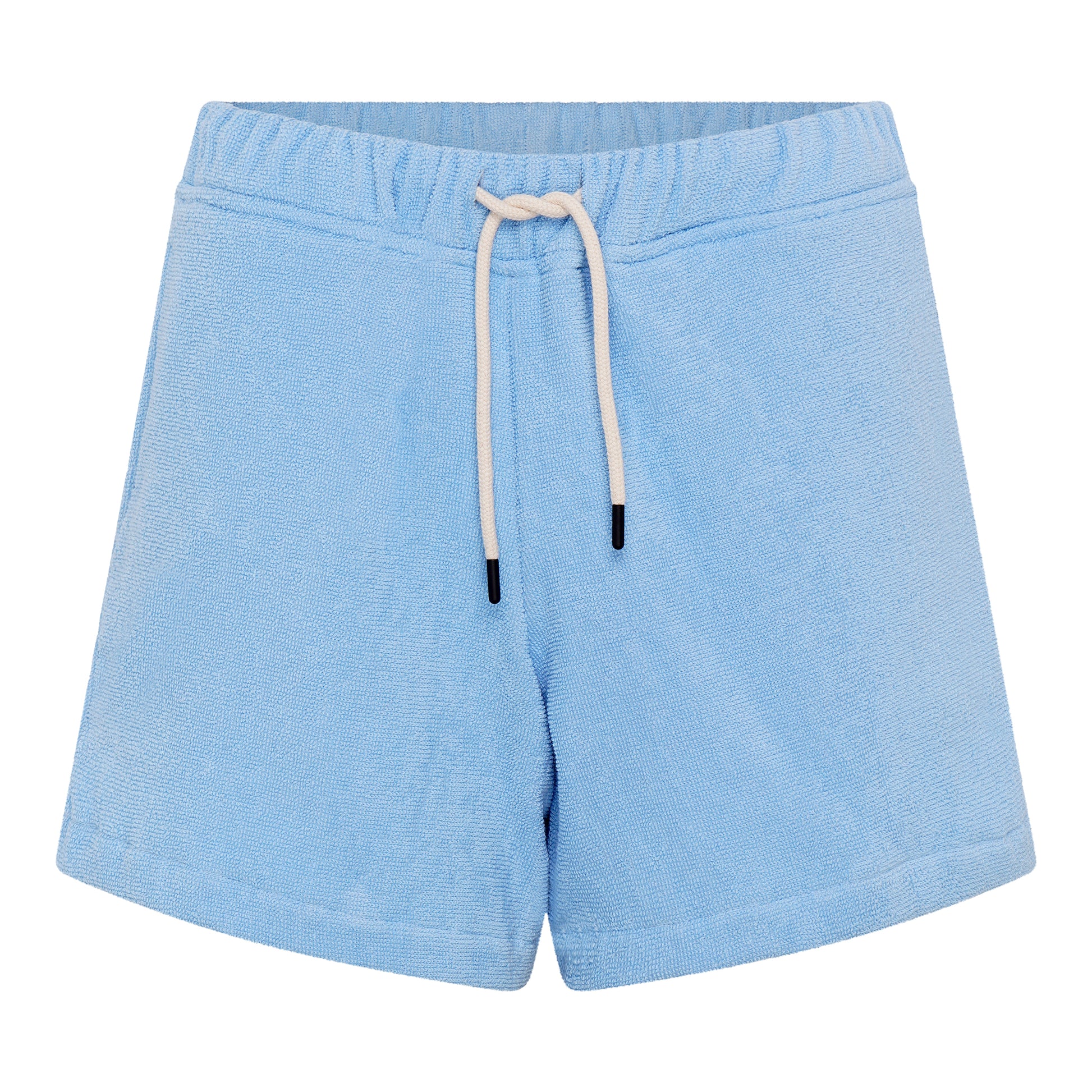 Front view of women’s coastal blue organic cotton terry relaxed fit shorts by Little Mariner with drawstring waist and elastic band.