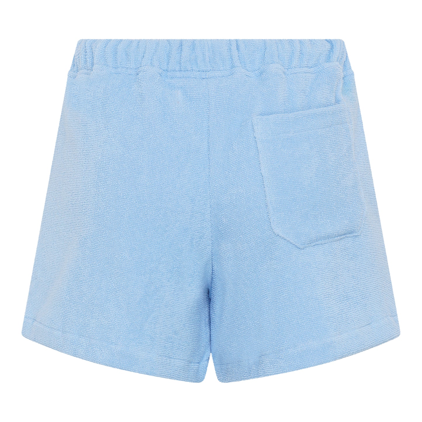 Back view of women’s coastal blue organic cotton terry relaxed fit shorts by Little Mariner with elastic waistband and patch pocket.