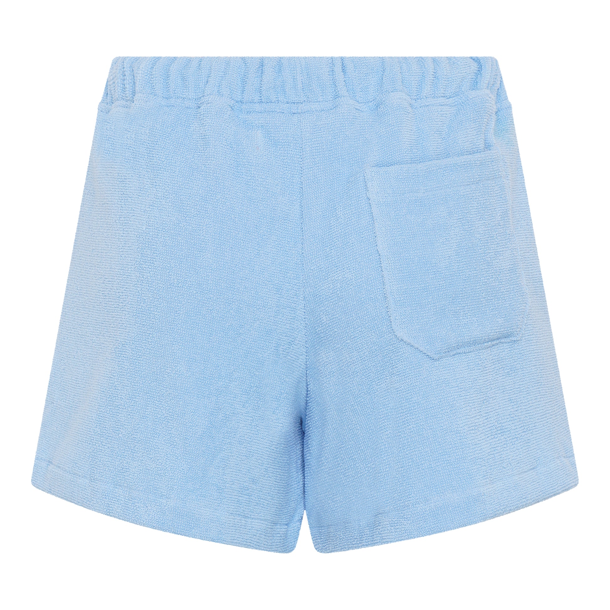 Back view of women’s coastal blue organic cotton terry relaxed fit shorts by Little Mariner with elastic waistband and patch pocket.