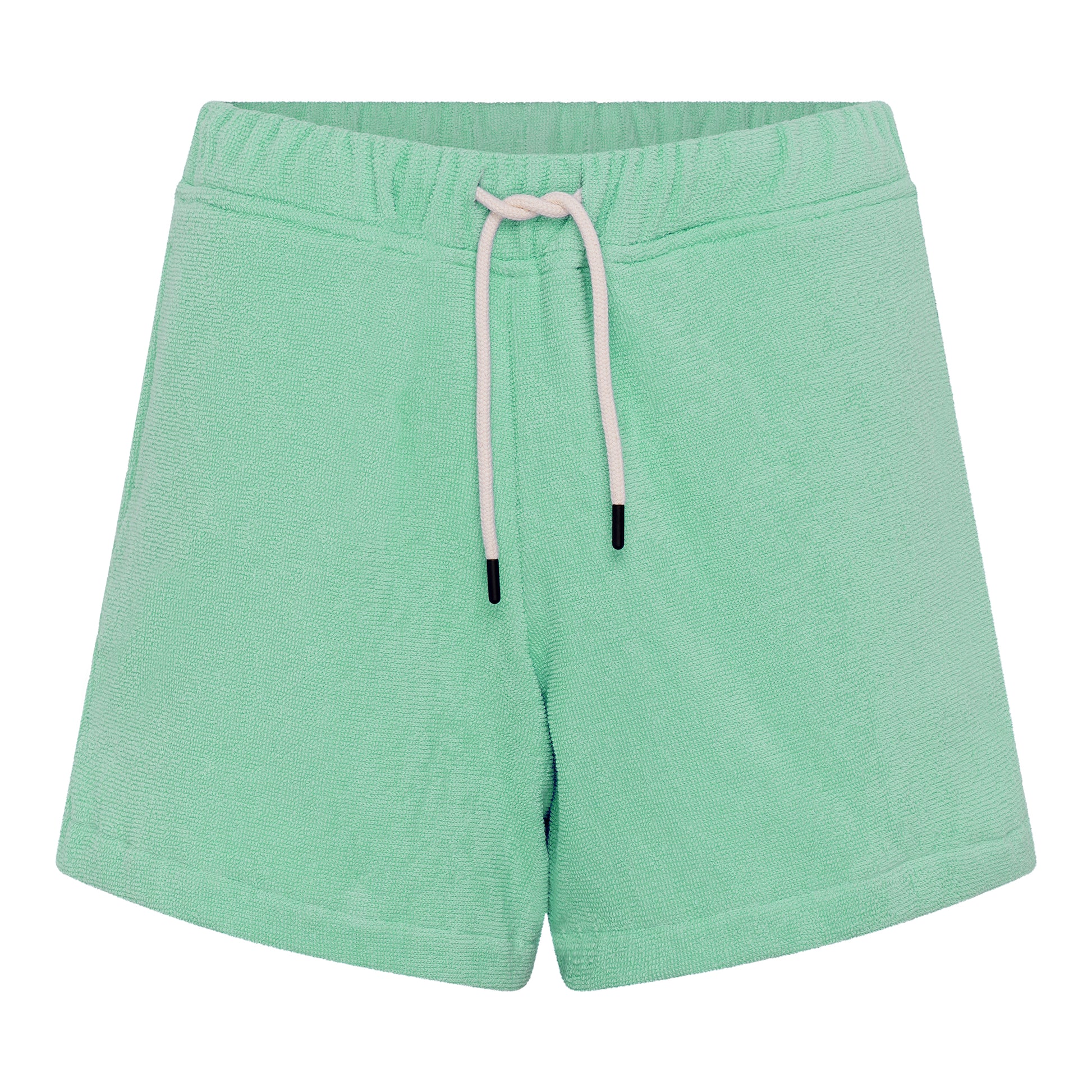 Front view of women’s sage green organic cotton terry relaxed fit shorts by Little Mariner with drawstring waist and elastic band.