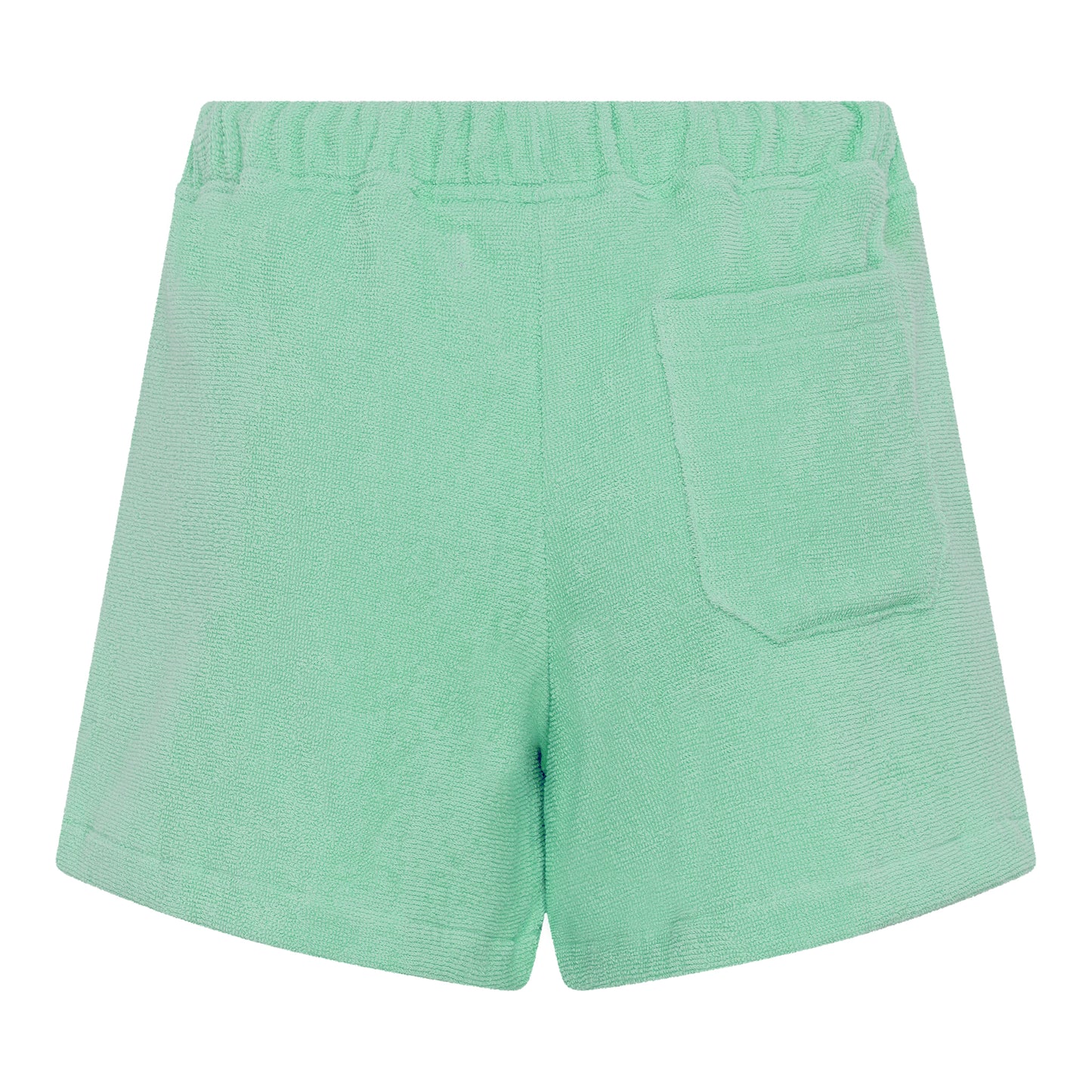 Back view of women’s sage green organic cotton terry relaxed fit shorts by Little Mariner with elastic waistband and patch pocket.