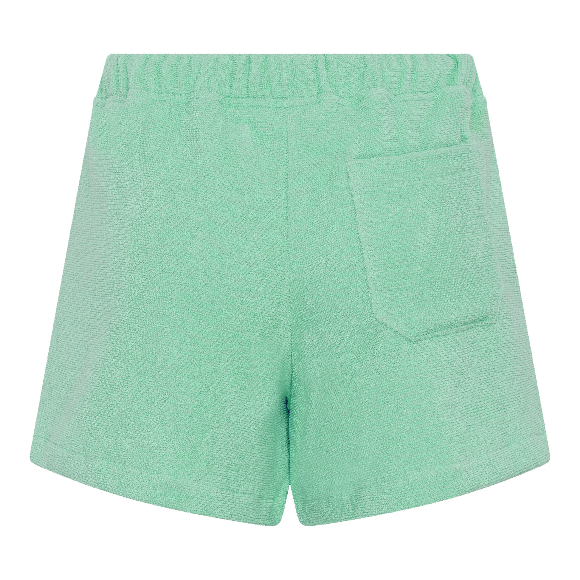 Back view of women’s sage green organic cotton terry relaxed fit shorts by Little Mariner with elastic waistband and patch pocket.