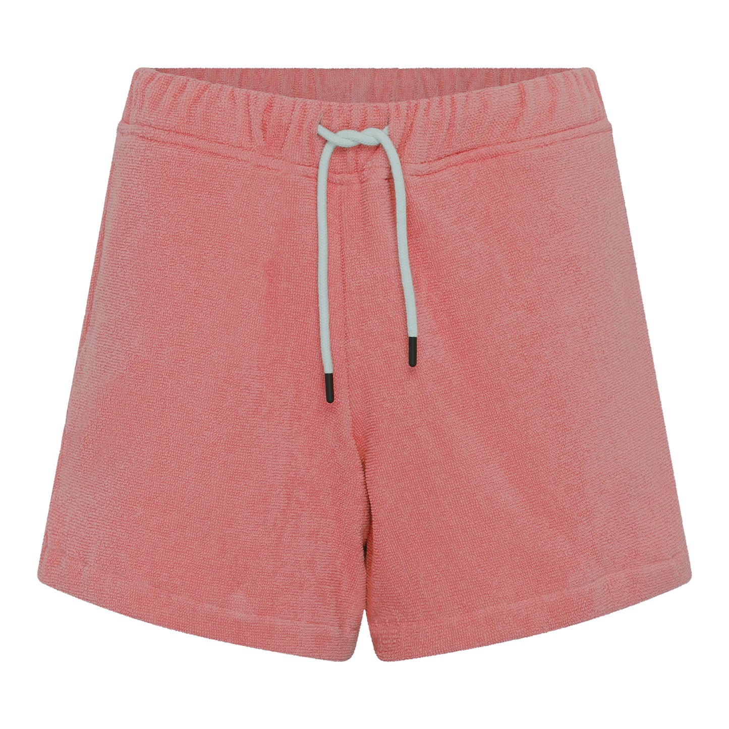 Front view of women’s dusty rose organic cotton terry relaxed fit shorts by Little Mariner with drawstring waist and elastic band.