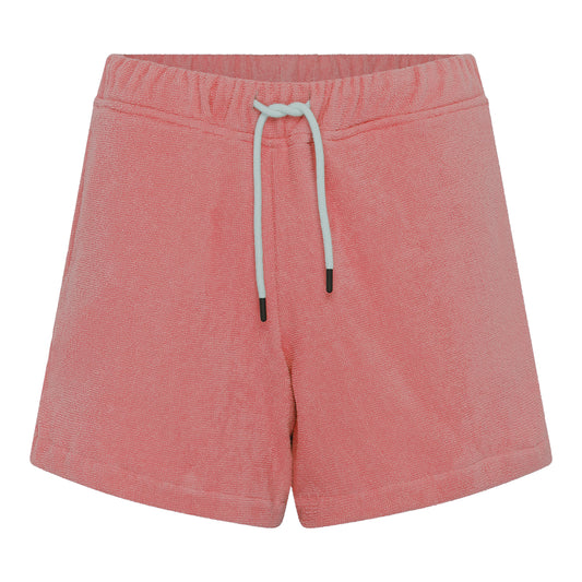 Front view of women’s dusty rose organic cotton terry relaxed fit shorts by Little Mariner with drawstring waist and elastic band.
