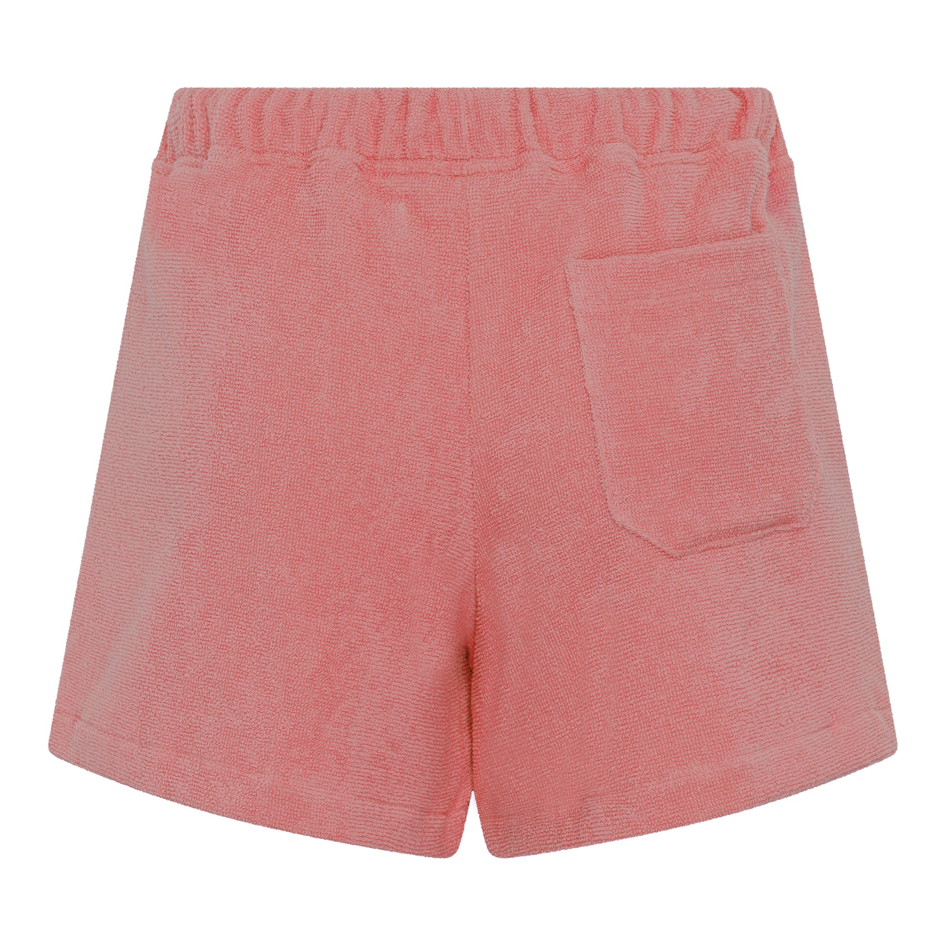 Back view of women’s dusty rose organic cotton terry relaxed fit shorts by Little Mariner with elastic waistband and patch pocket.