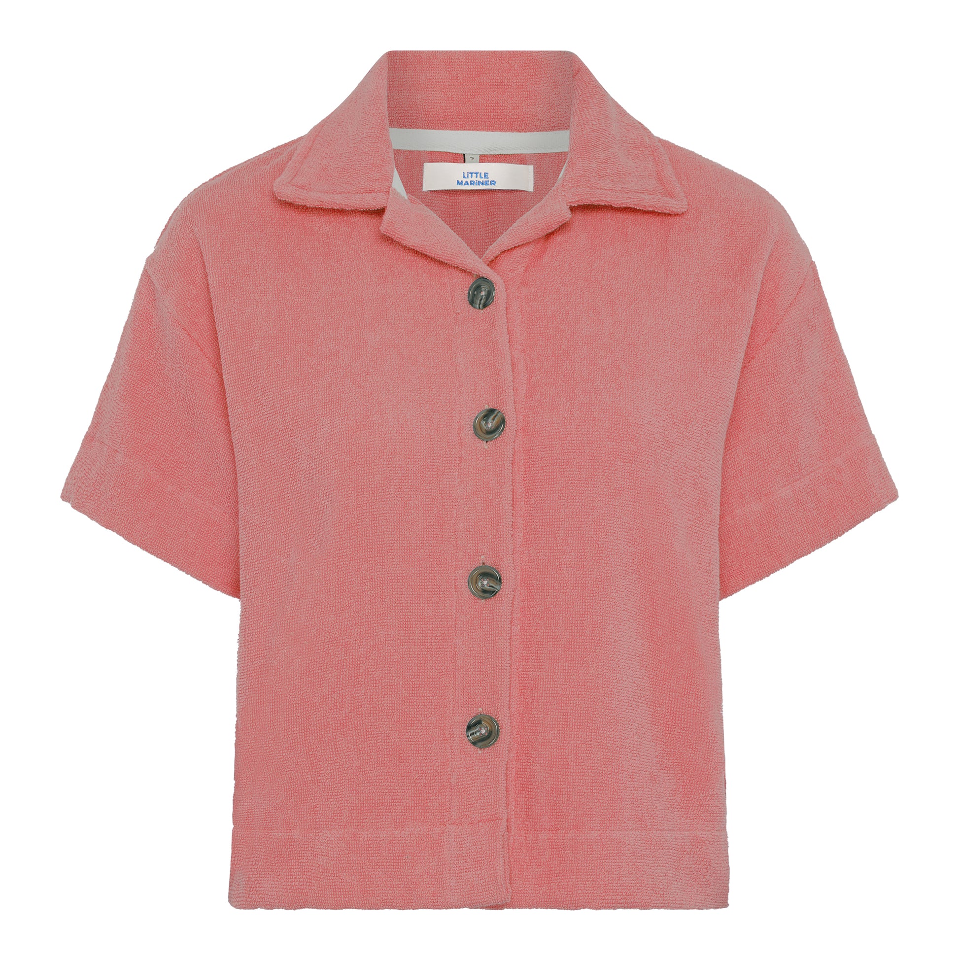 Dusty rose relaxed fit organic cotton terry short-sleeve shirt by Little Mariner with button-up front.