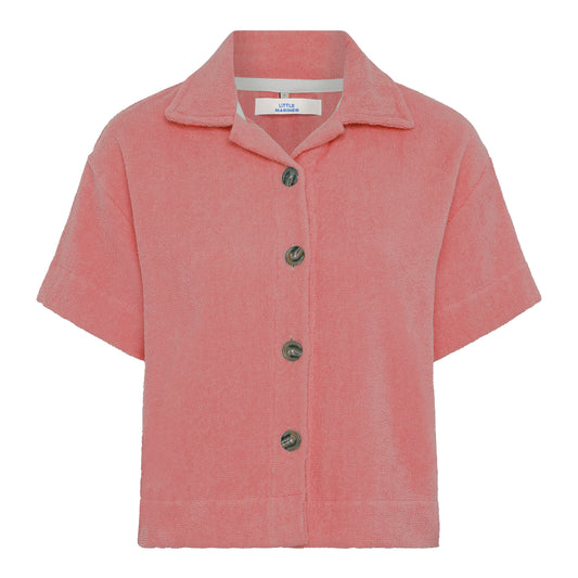 Dusty rose relaxed fit organic cotton terry short-sleeve shirt by Little Mariner with button-up front.