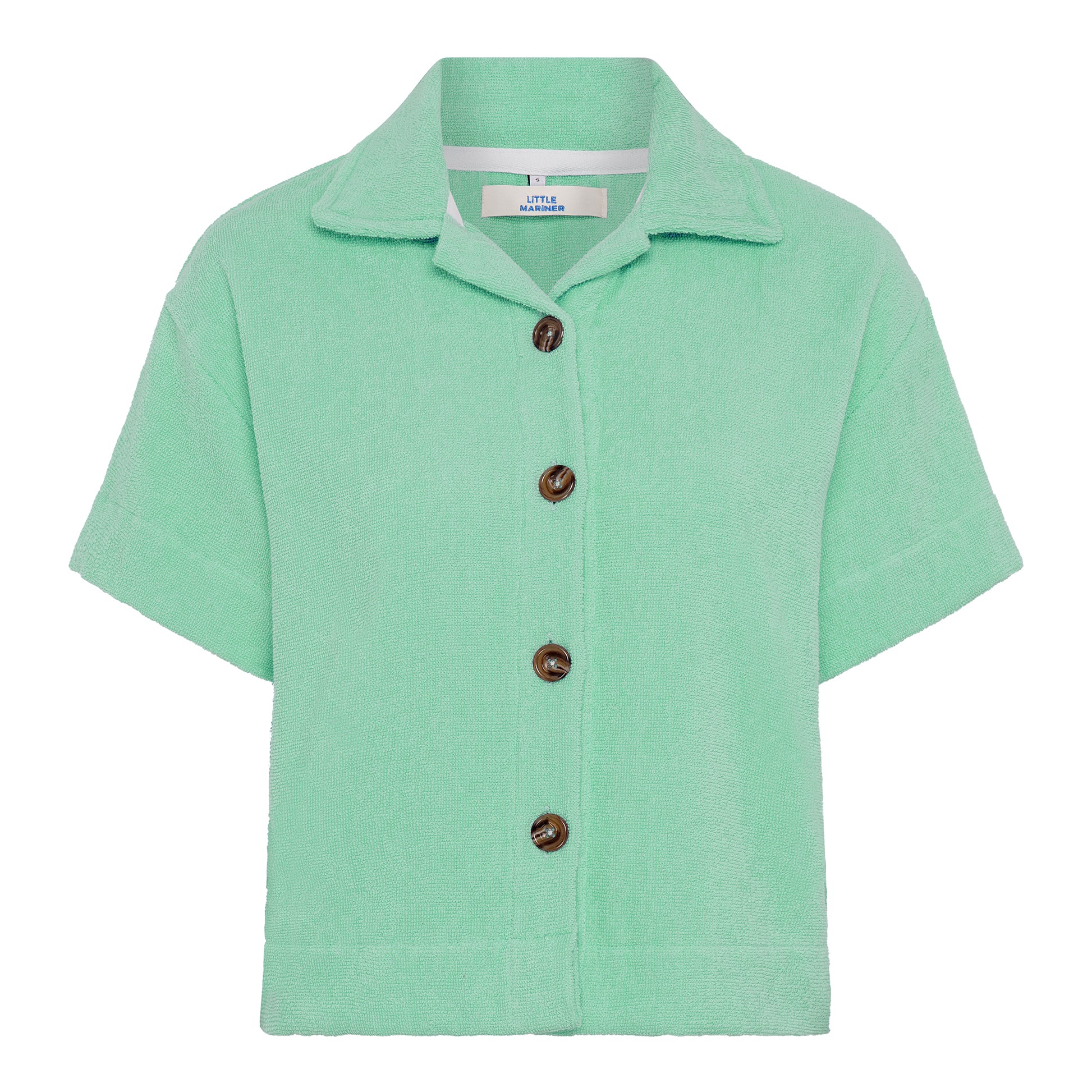 Sage green relaxed fit organic cotton terry short-sleeve shirt by Little Mariner with button-up front.