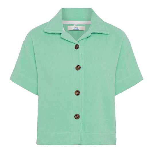 Sage green relaxed fit organic cotton terry short-sleeve shirt by Little Mariner with button-up front.