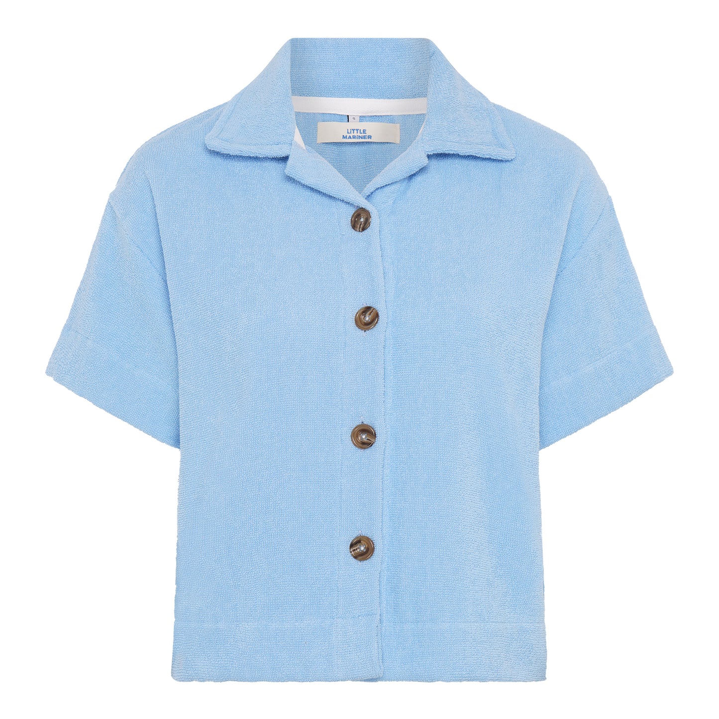 Coastal blue relaxed fit organic cotton terry short-sleeve shirt by Little Mariner with button-up front.