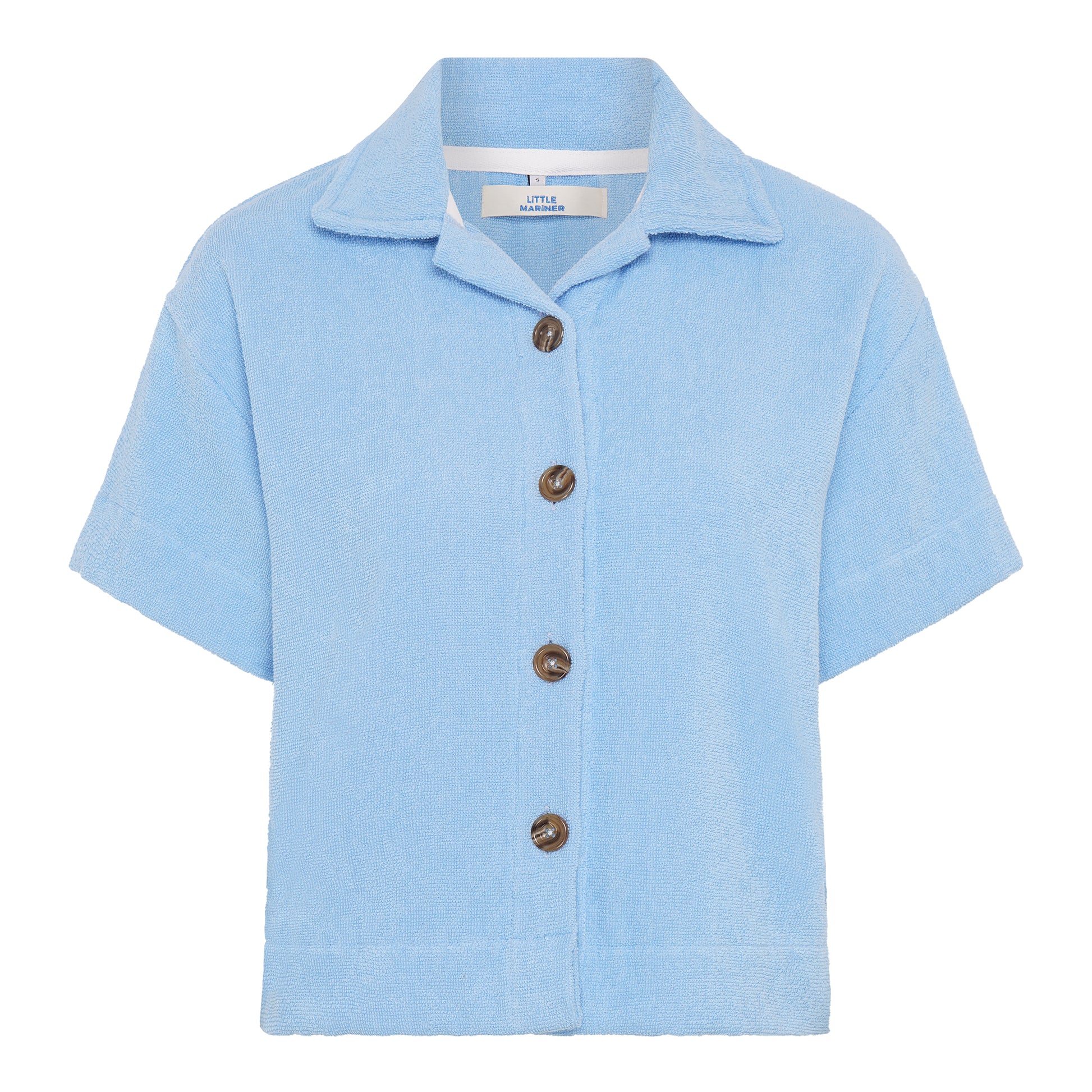 Coastal blue relaxed fit organic cotton terry short-sleeve shirt by Little Mariner with button-up front.