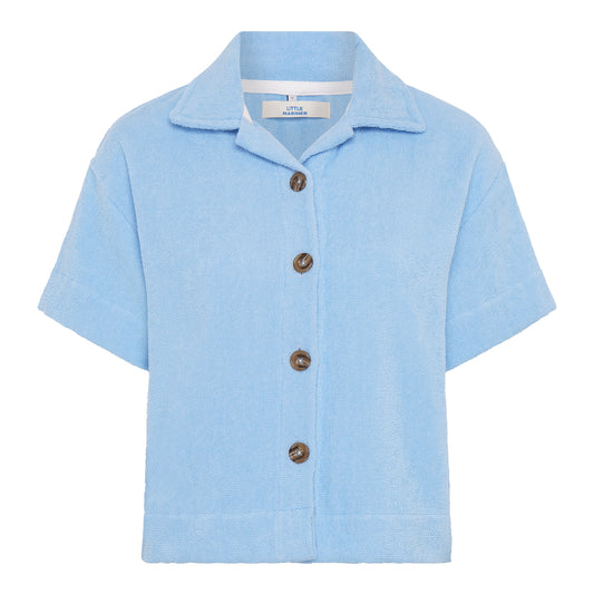Coastal blue relaxed fit organic cotton terry short-sleeve shirt by Little Mariner with button-up front.