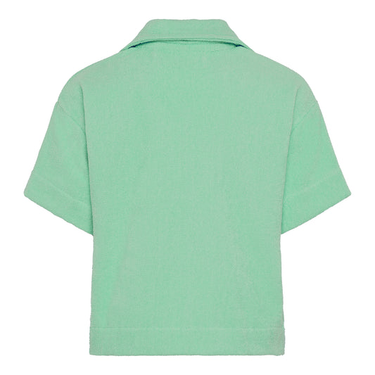 Sage green relaxed fit organic cotton terry short-sleeve shirt by Little Mariner with button-up front.