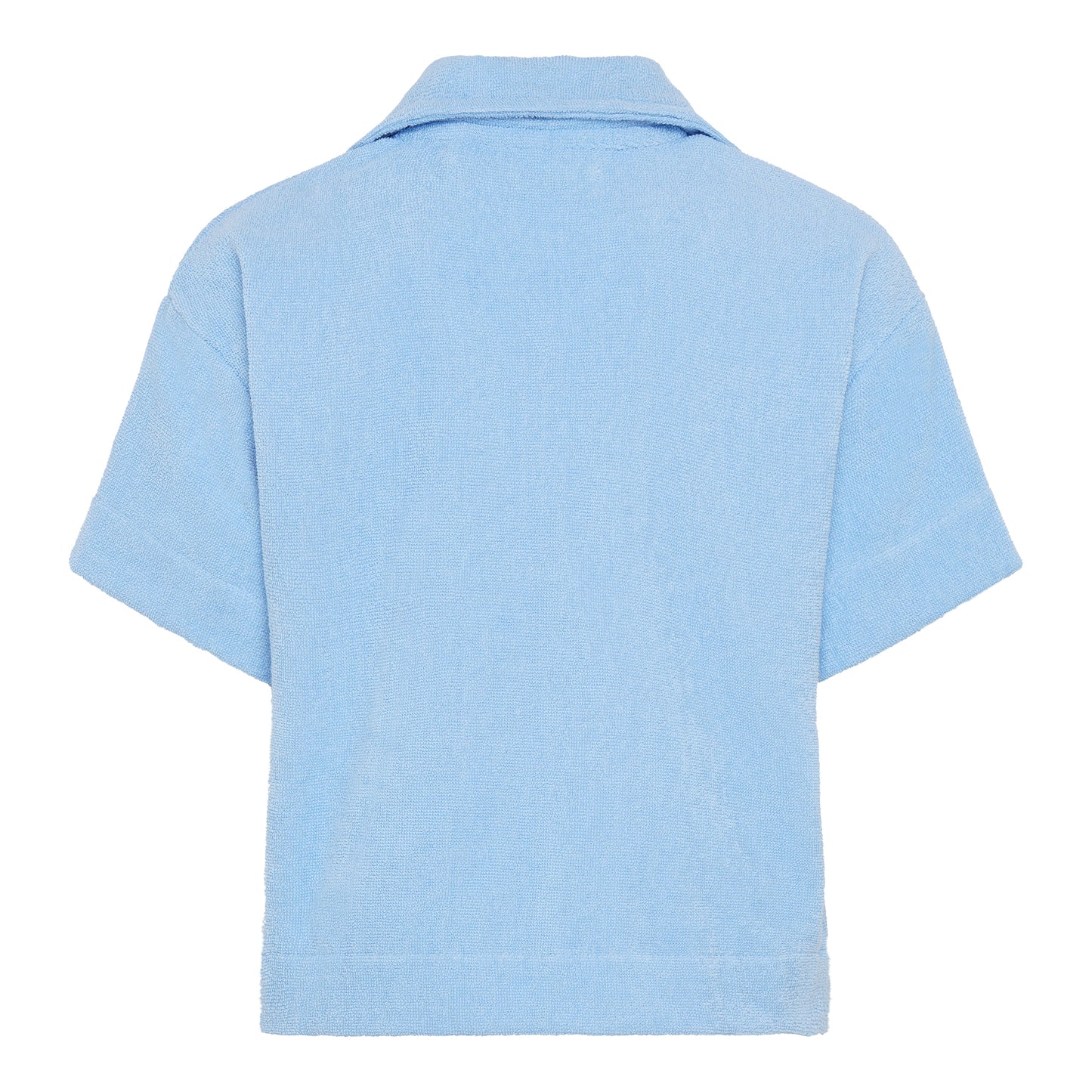 Coastal blue relaxed fit organic cotton terry short-sleeve shirt by Little Mariner with button-up front.