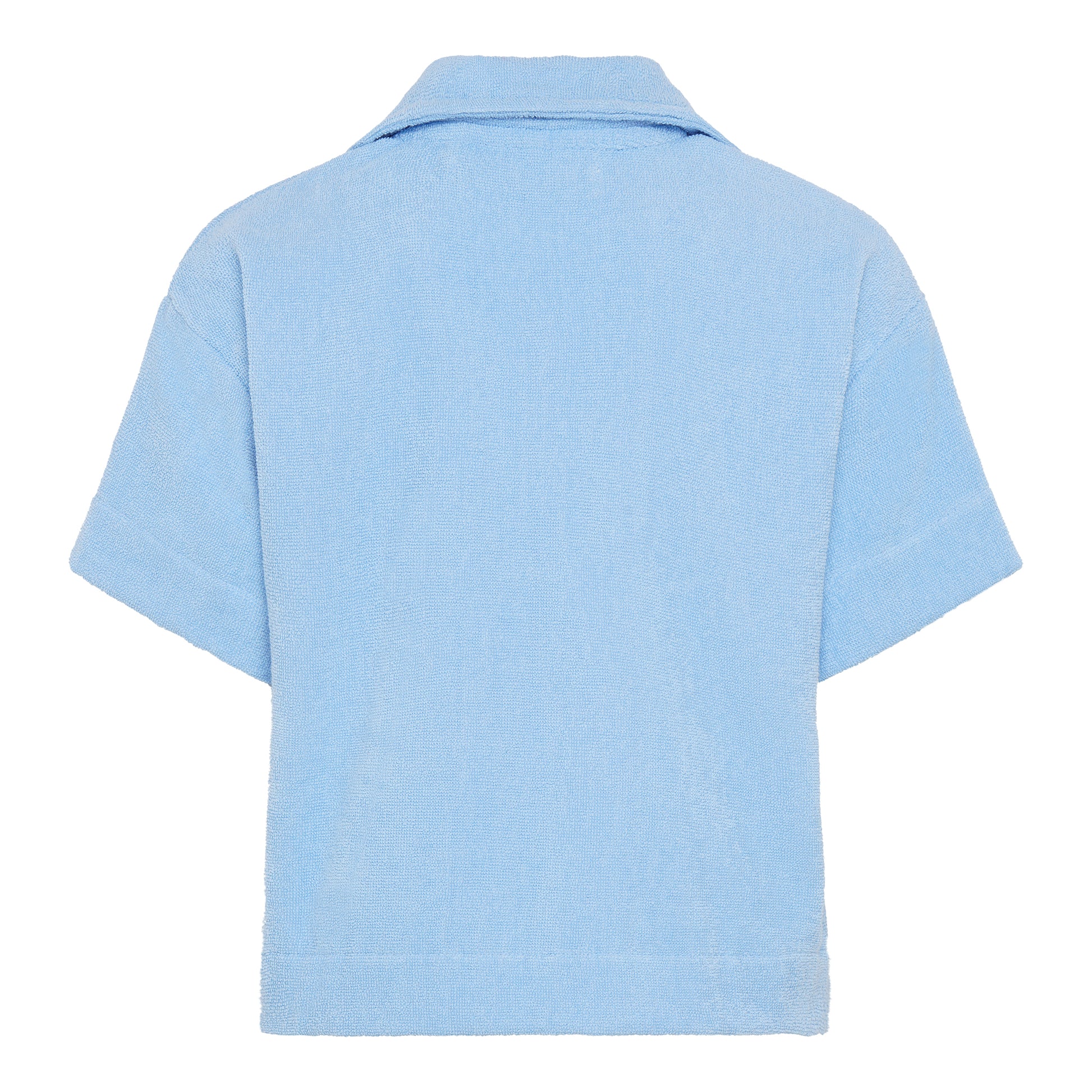 Coastal blue relaxed fit organic cotton terry short-sleeve shirt by Little Mariner with button-up front.