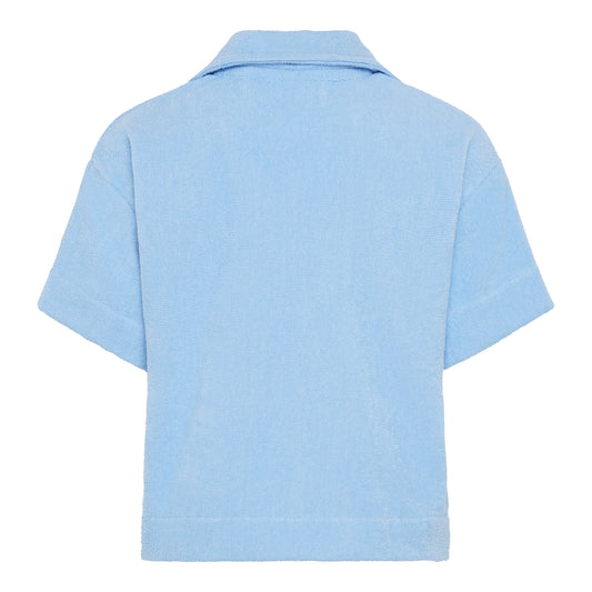 Coastal blue relaxed fit organic cotton terry short-sleeve shirt by Little Mariner with button-up front.