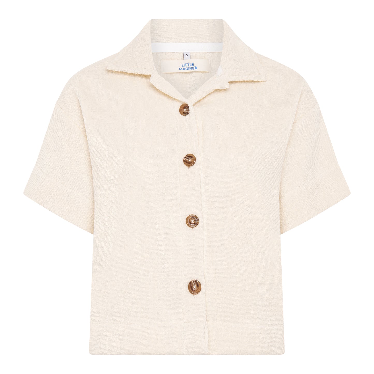 Off-white relaxed fit organic cotton terry short-sleeve shirt by Little Mariner with button-up front.
