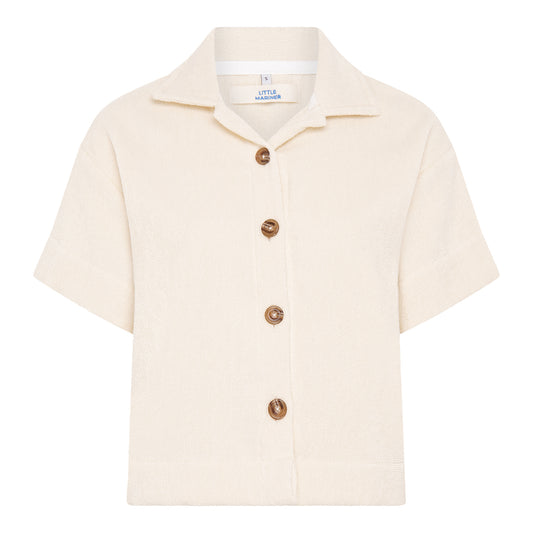 Off-white relaxed fit organic cotton terry short-sleeve shirt by Little Mariner with button-up front.