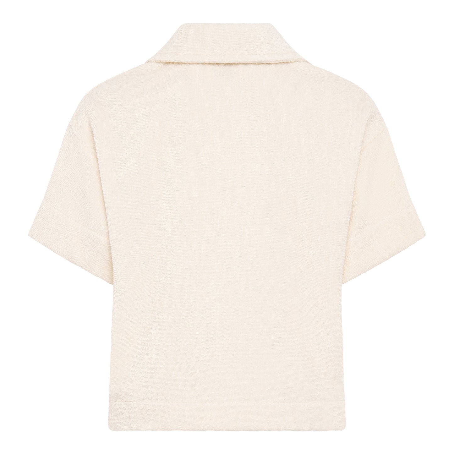 Off-white relaxed fit organic cotton terry short-sleeve shirt by Little Mariner with button-up front.