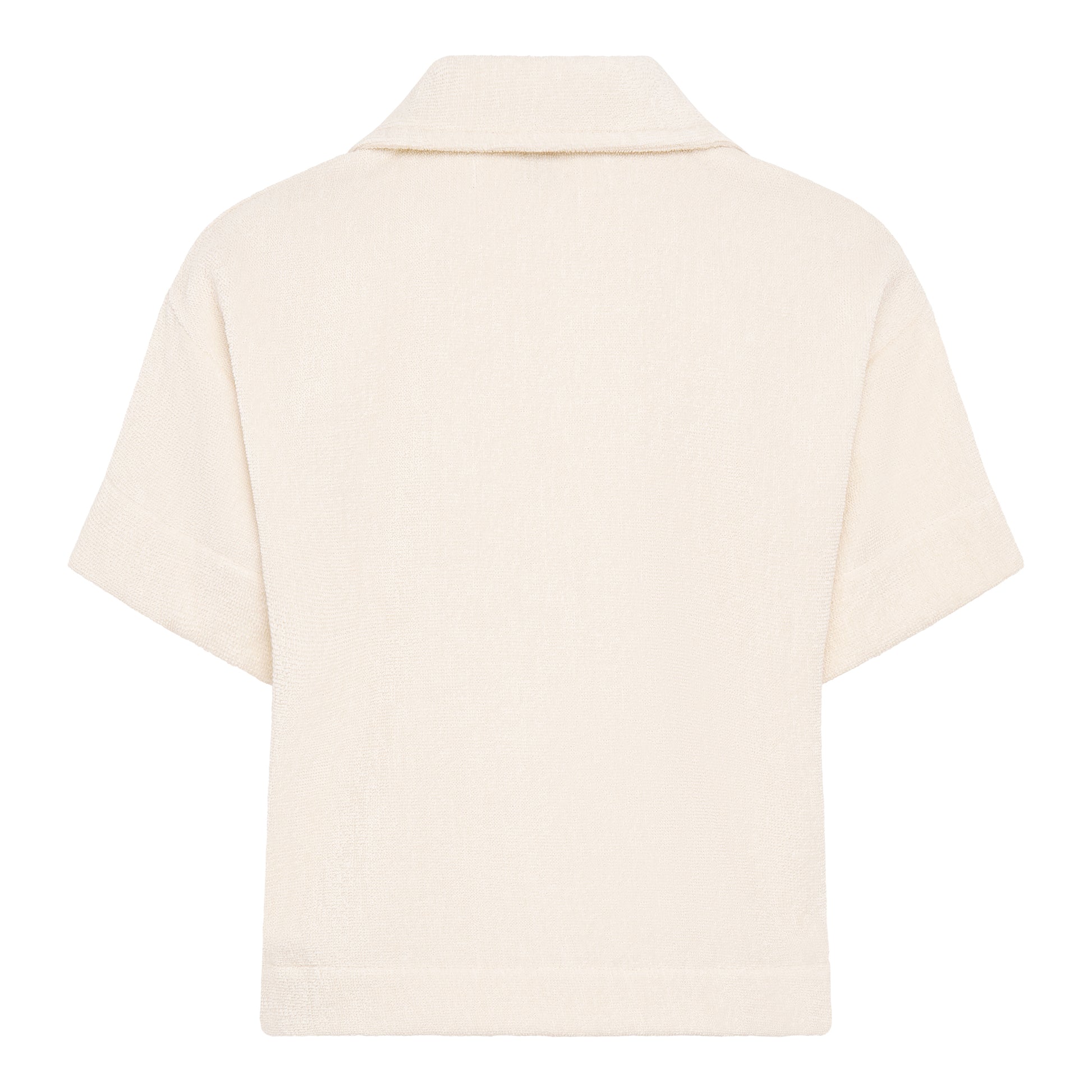 Off-white relaxed fit organic cotton terry short-sleeve shirt by Little Mariner with button-up front.