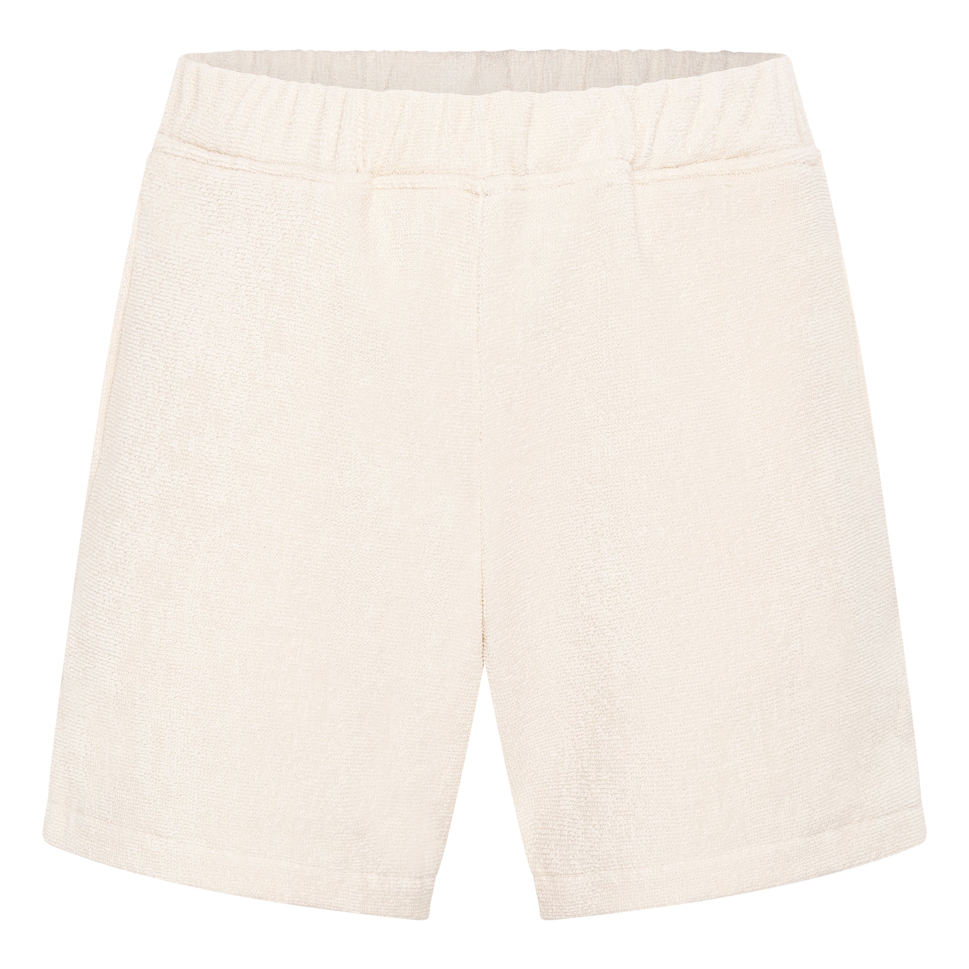 Off-white organic cotton terry relaxed fit shorts by Little Mariner with elastic waistband.