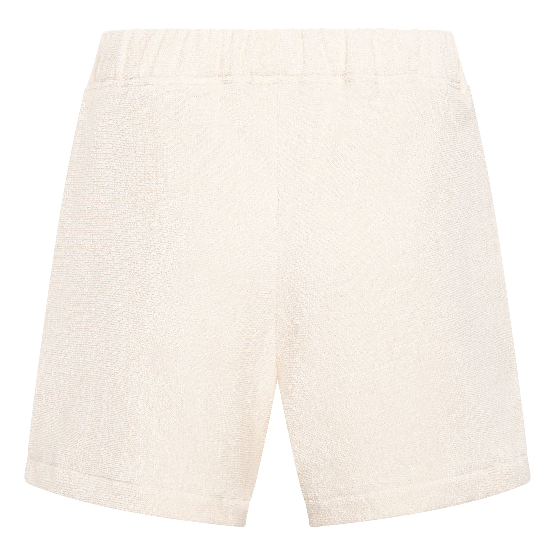 Off-white organic cotton terry relaxed fit shorts by Little Mariner with elastic waistband.