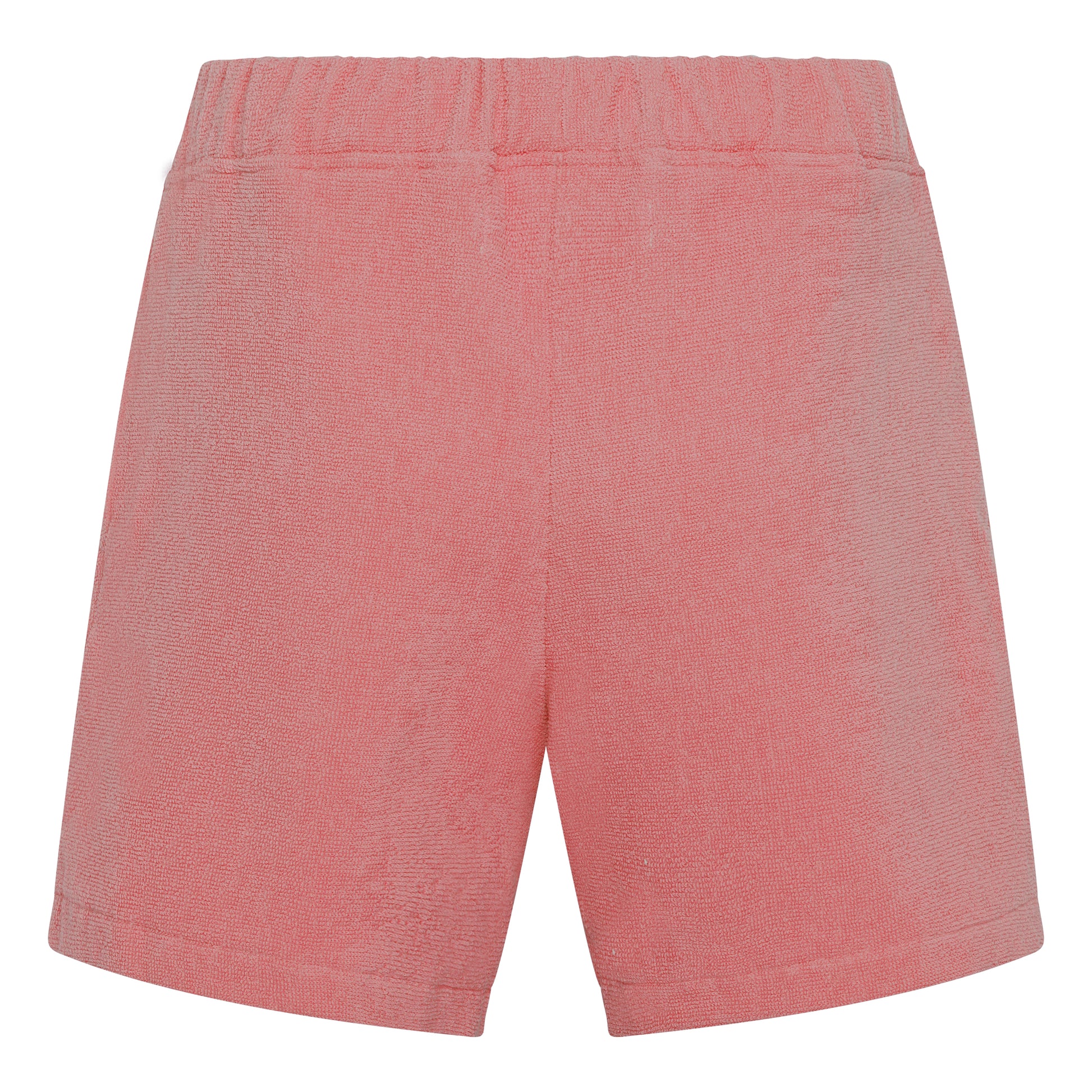 Dusty rose organic cotton terry relaxed fit shorts by Little Mariner with elastic waistband.