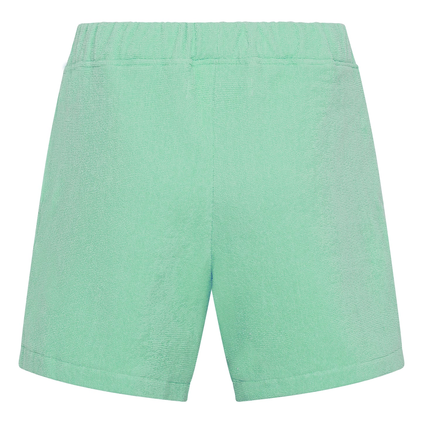 Sage green organic cotton terry relaxed fit shorts by Little Mariner with elastic waistband.