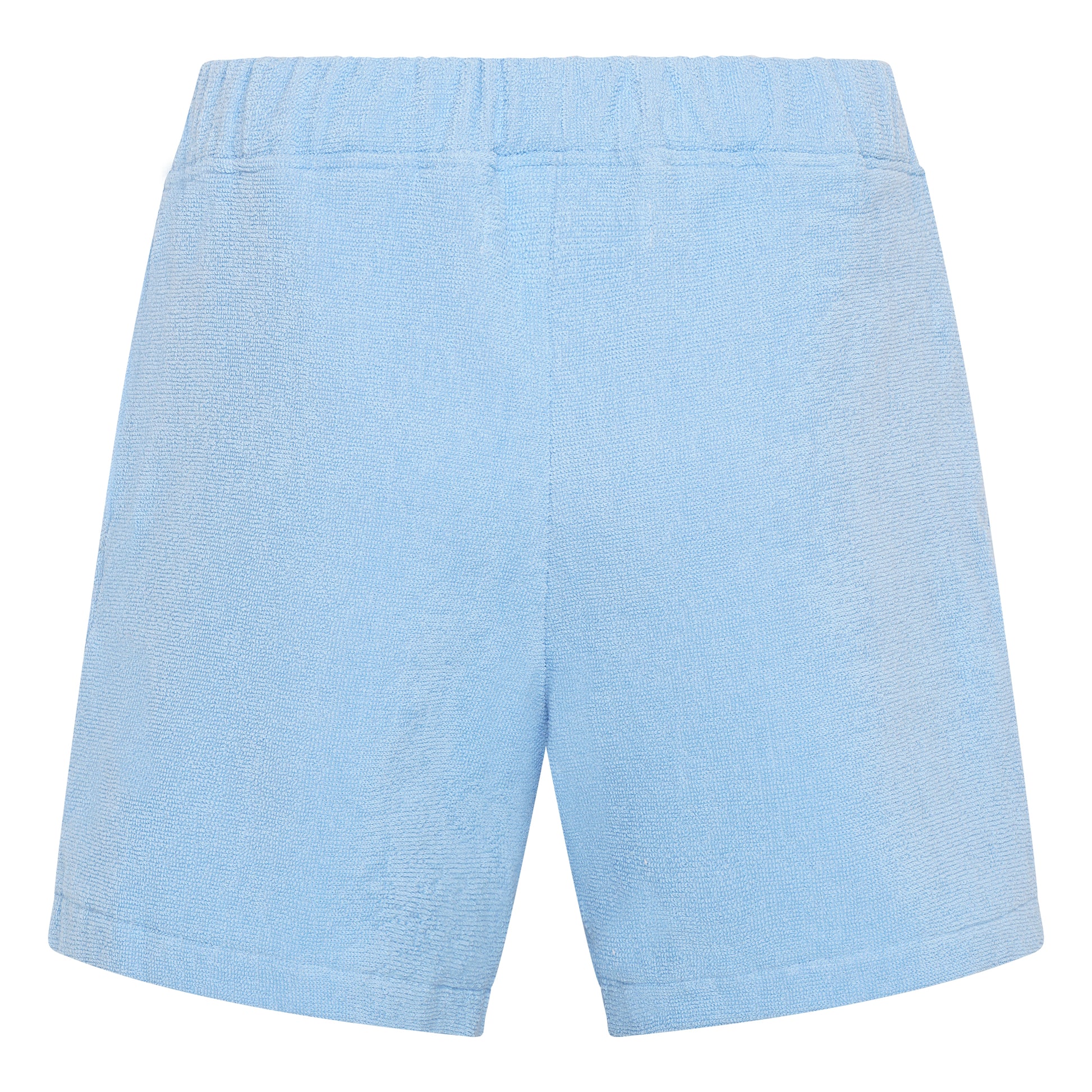 Coastal blue organic cotton terry relaxed fit shorts by Little Mariner with elastic waistband.