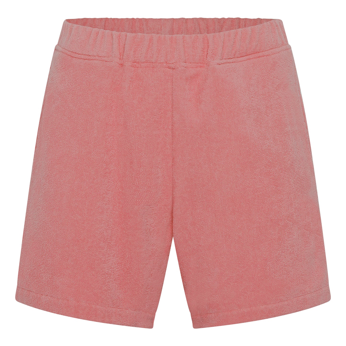 Dusty rose organic cotton terry relaxed fit shorts by Little Mariner with elastic waistband.