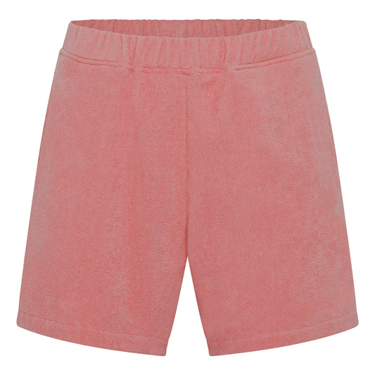 Dusty rose organic cotton terry relaxed fit shorts by Little Mariner with elastic waistband.