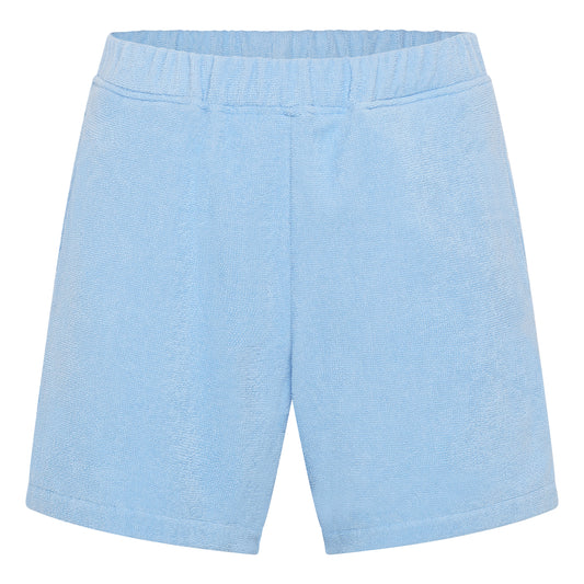 Coastal blue organic cotton terry relaxed fit shorts by Little Mariner with elastic waistband.
